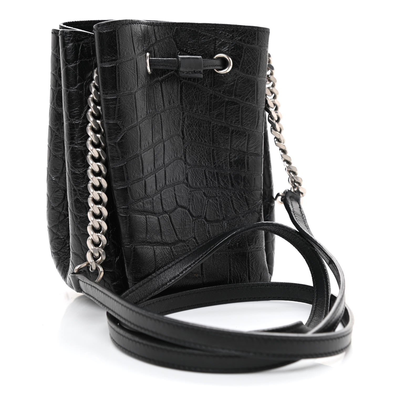 Saint Laurent Calfskin Crocodile Embossed Mini Emmanuelle Bucket Bag Black 3 of 8