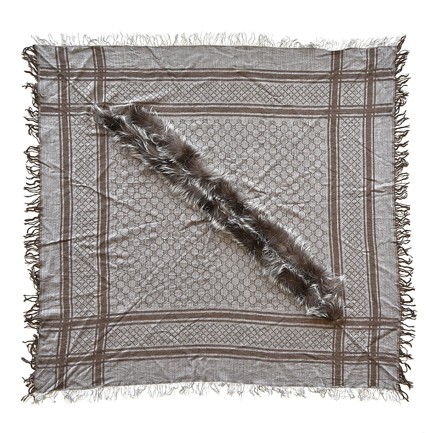 Gucci Wool Silk Fox Fur Monogram Shawl Scarf Brown 1 of 4