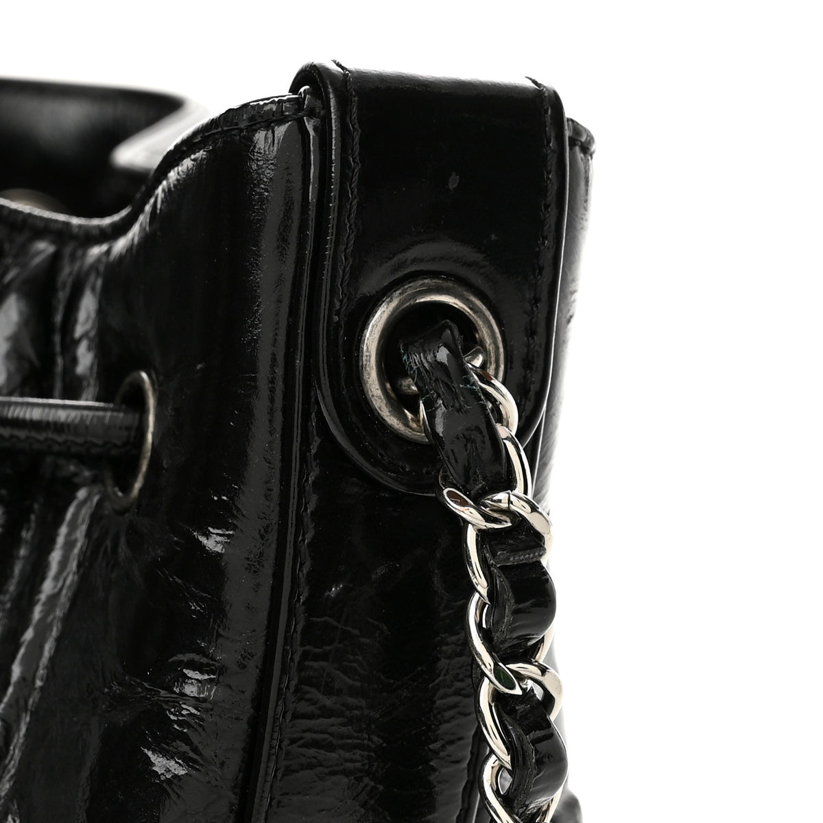 Shiny Aged Calfskin CC Chain Drawstring Bag Black