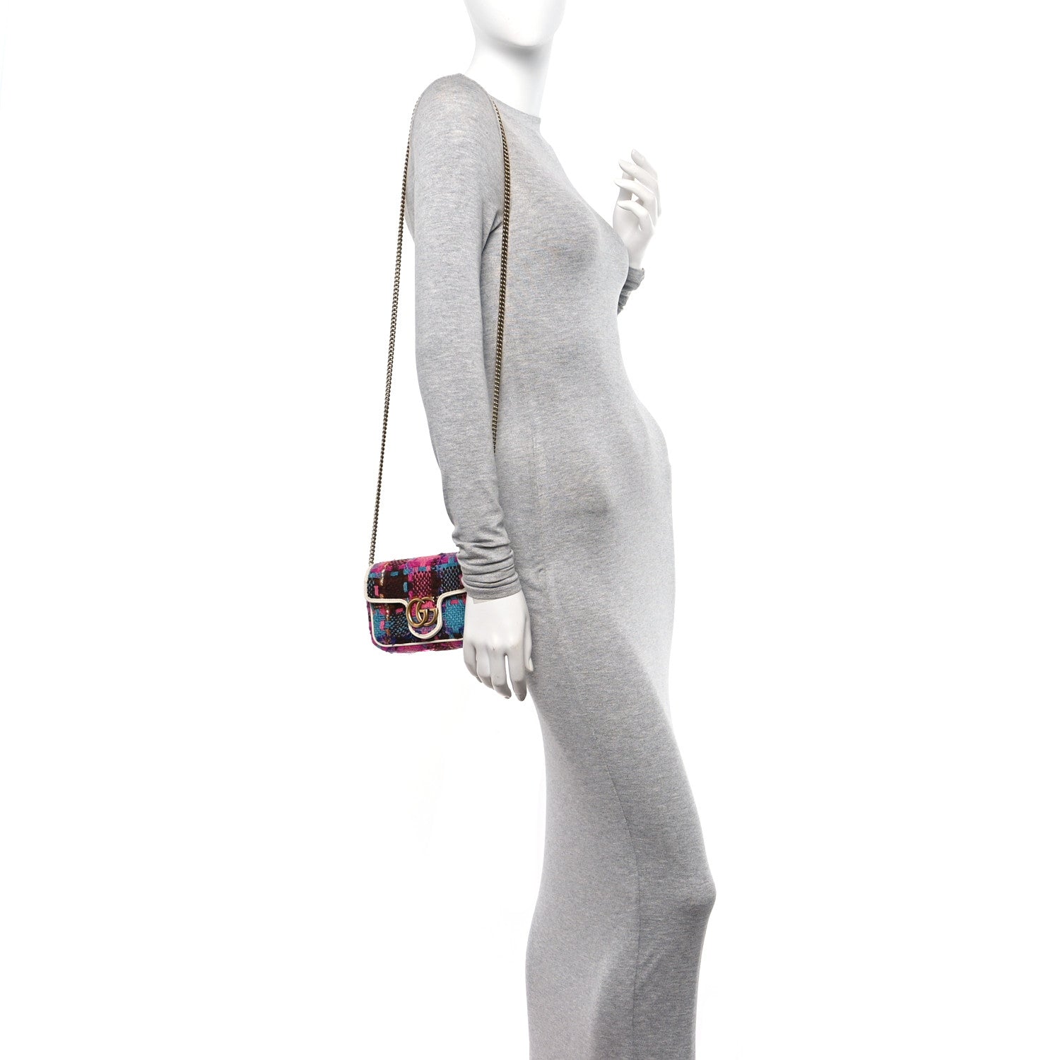 Gucci Tweed Calfskin Spicy Check Super Mini GG Marmont Shoulder Bag Pink Multicolor Mystic White 2 of 11