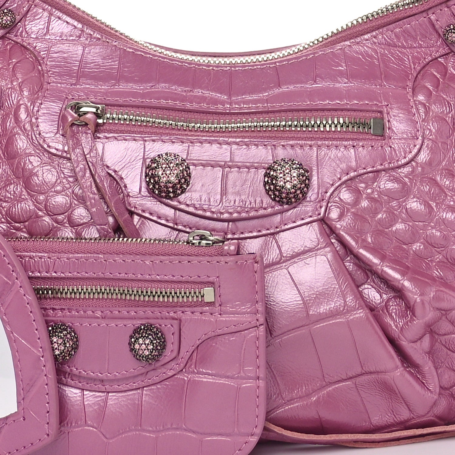 Balenciaga Metallic Extra Supple Calfskin Crystal Crocodile Embossed Small Le Cagole Shoulder Bag Pink 9 of 11
