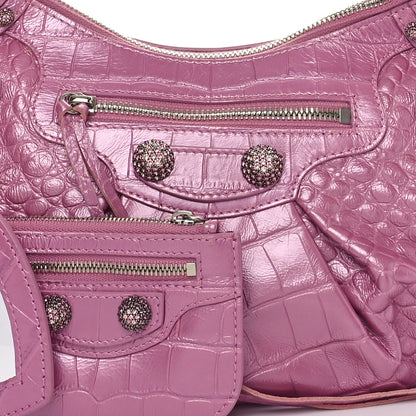 Balenciaga Metallic Extra Supple Calfskin Crystal Crocodile Embossed Small Le Cagole Shoulder Bag Pink 9 of 11