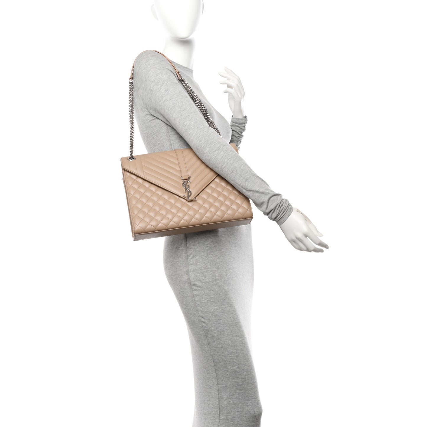 Grain De Poudre Textured Mixed Matelasse Large Triquilt Monogram Satchel Dark Beige