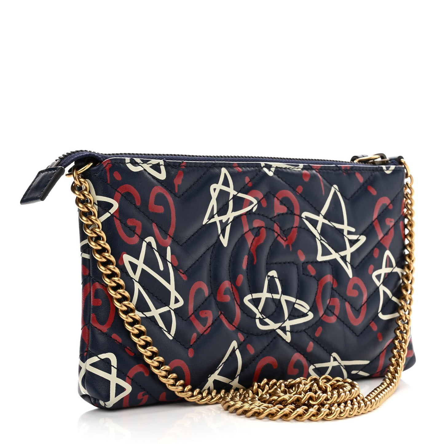 Calfskin Matelasse GucciGhost Mini GG Marmont Chain Bag Blue Agata Hibiscus Red