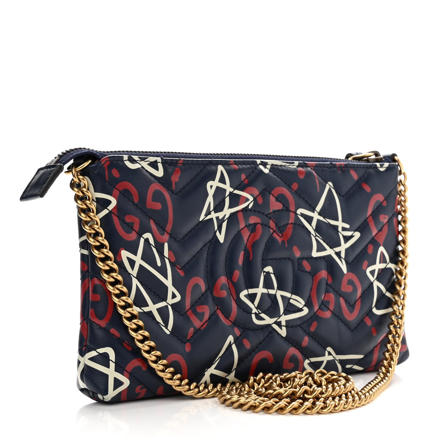 Gucci Calfskin Matelasse GucciGhost Mini GG Marmont Chain Bag Blue Agata Hibiscus Red 3 of 12