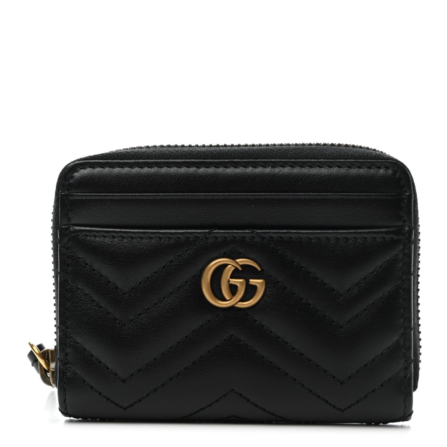 Gucci Calfskin Matelasse GG Marmont Zip Around Card Case Black 1 of 9