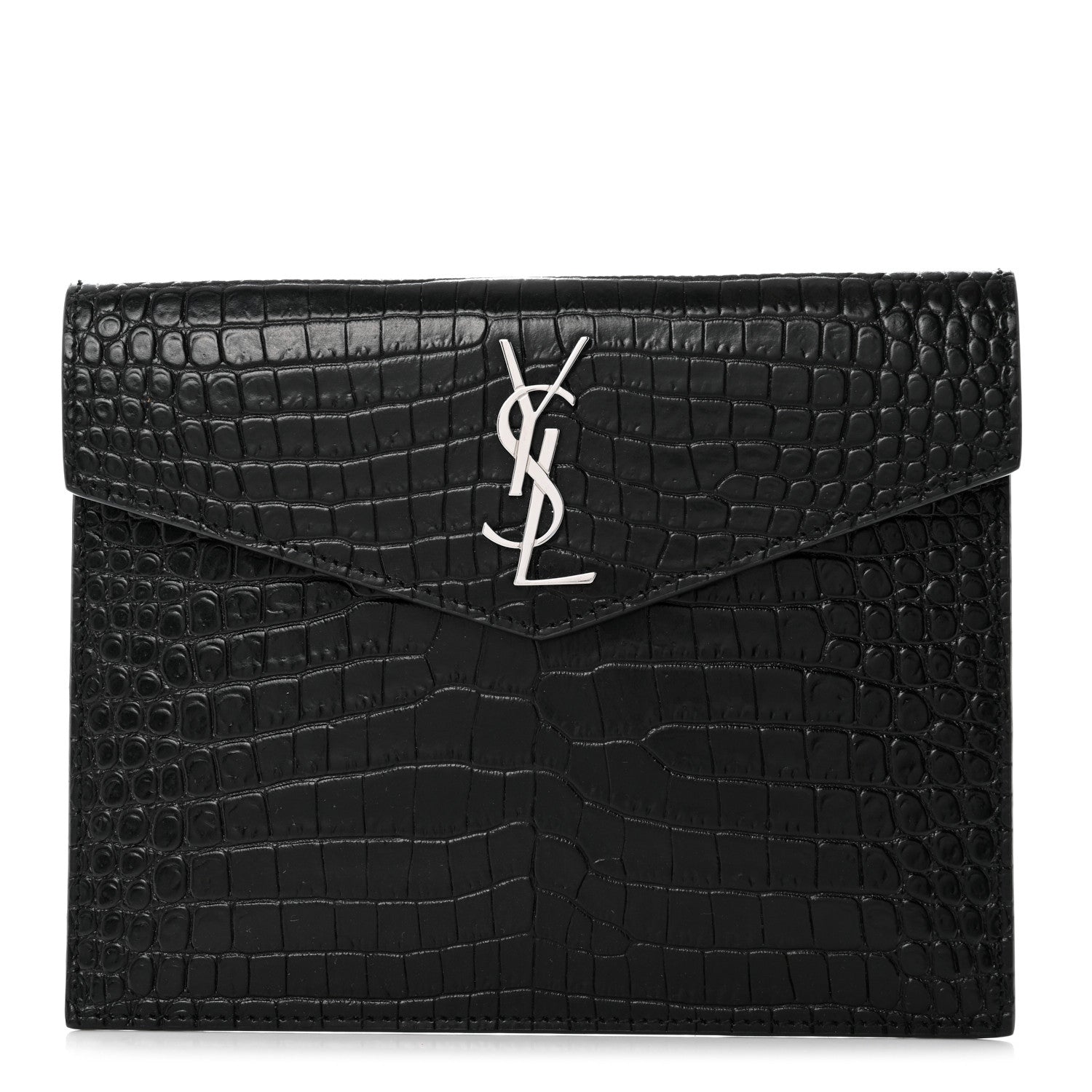 Saint Laurent Calfskin Crocodile Embossed Monogram Uptown Baby Pouch Black 1 of 8