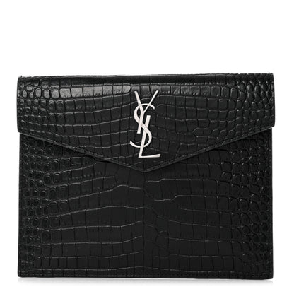 Saint Laurent Calfskin Crocodile Embossed Monogram Uptown Baby Pouch Black 1 of 8