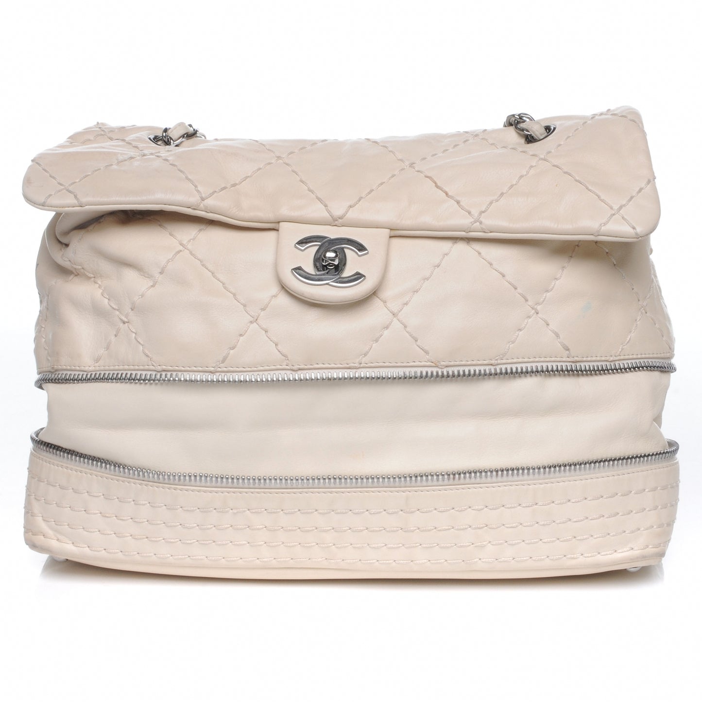 Calfskin Stitched Large Expandable Flap Bag White