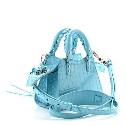 Balenciaga Calfskin Crocodile Embossed Neo Classic Silver Hardware Nano City Crossbody Azur 3 of 13