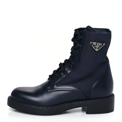 Prada Spazzolato Re-Nylon Metal Triangle Logo Womens 50mm Combat Boots 39.5 Bleu 1 of 7