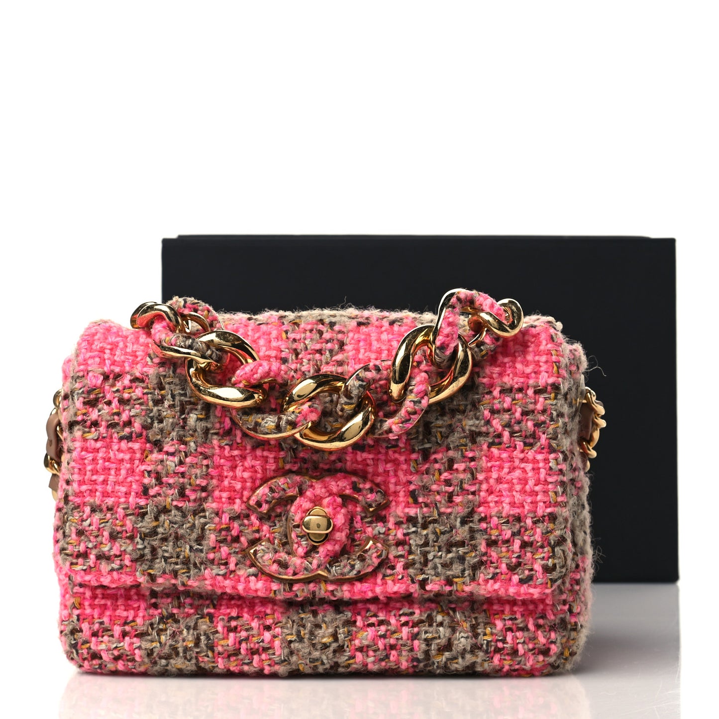Wool Tweed Quilted Small Elegant Chain Flap Pink Brown