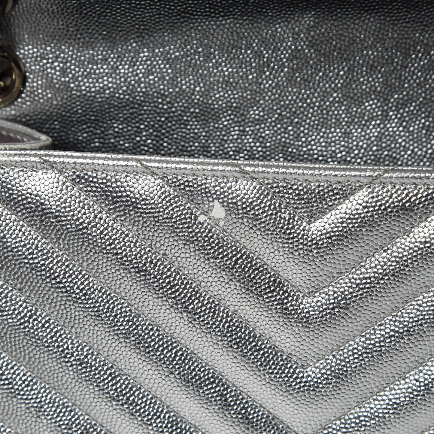 Metallic Grain De Poudre Matelasse Chevron Medium Monogram Satchel Silver