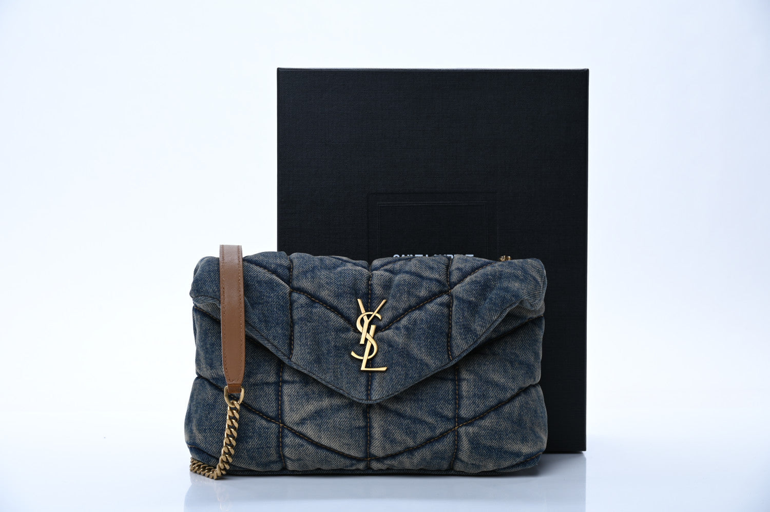 Saint Laurent Denim Quilted Toy Loulou Puffer Monogram Chain Satchel Blue Cinnamon 10 of 11