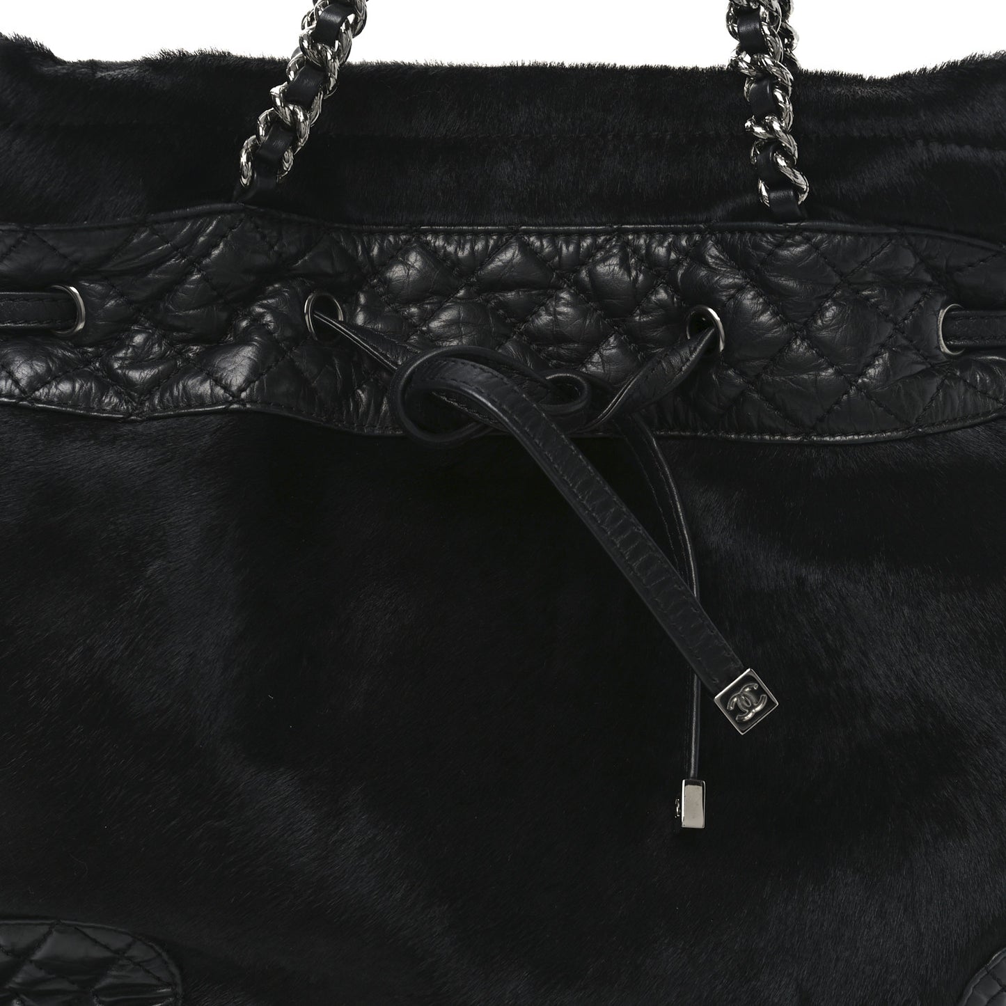 Aged Calfskin Pony Hair Quilted Miss Pony Drawstring Tote Black
