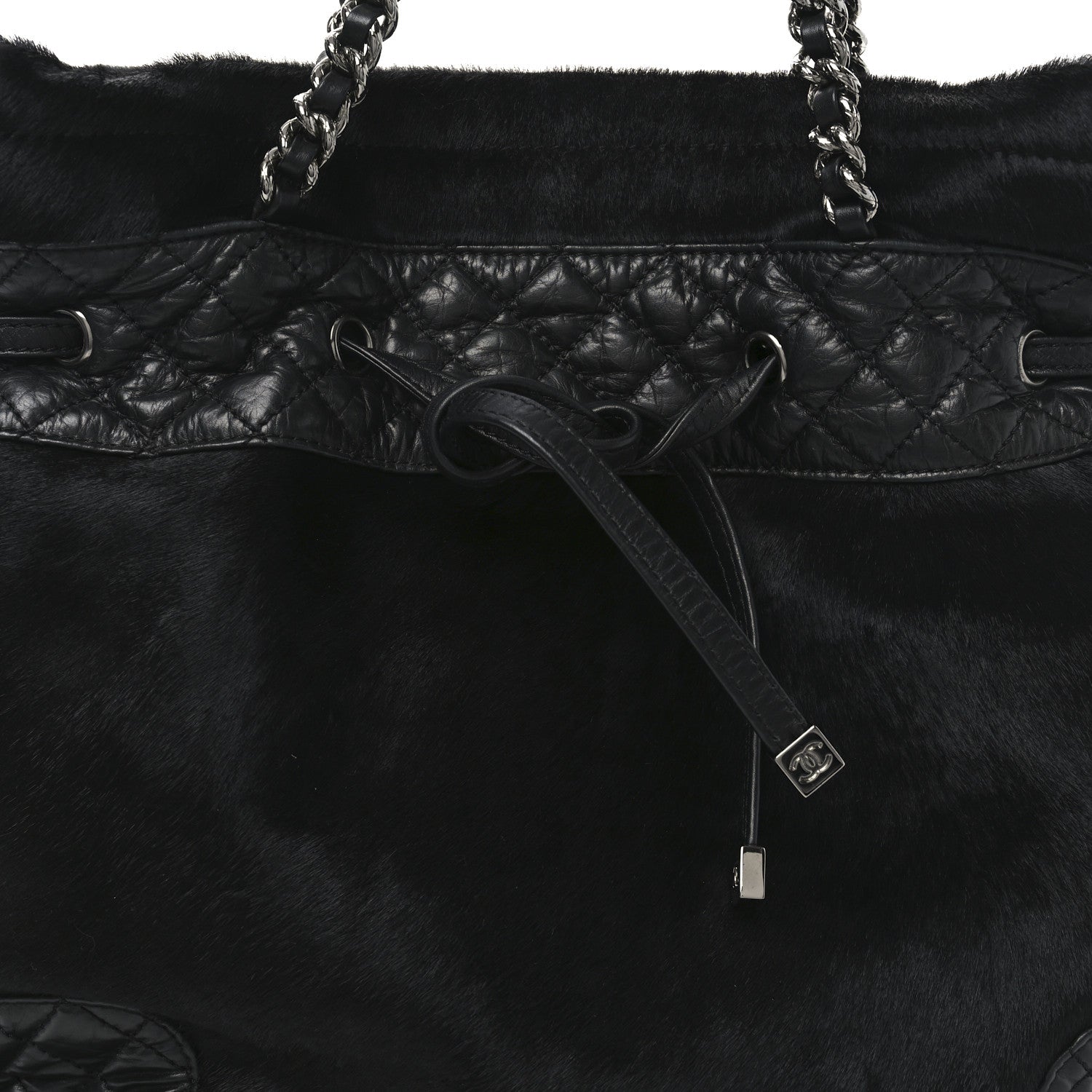Chanel Aged Calfskin Pony Hair Quilted Miss Pony Drawstring Tote Black 8 of 11