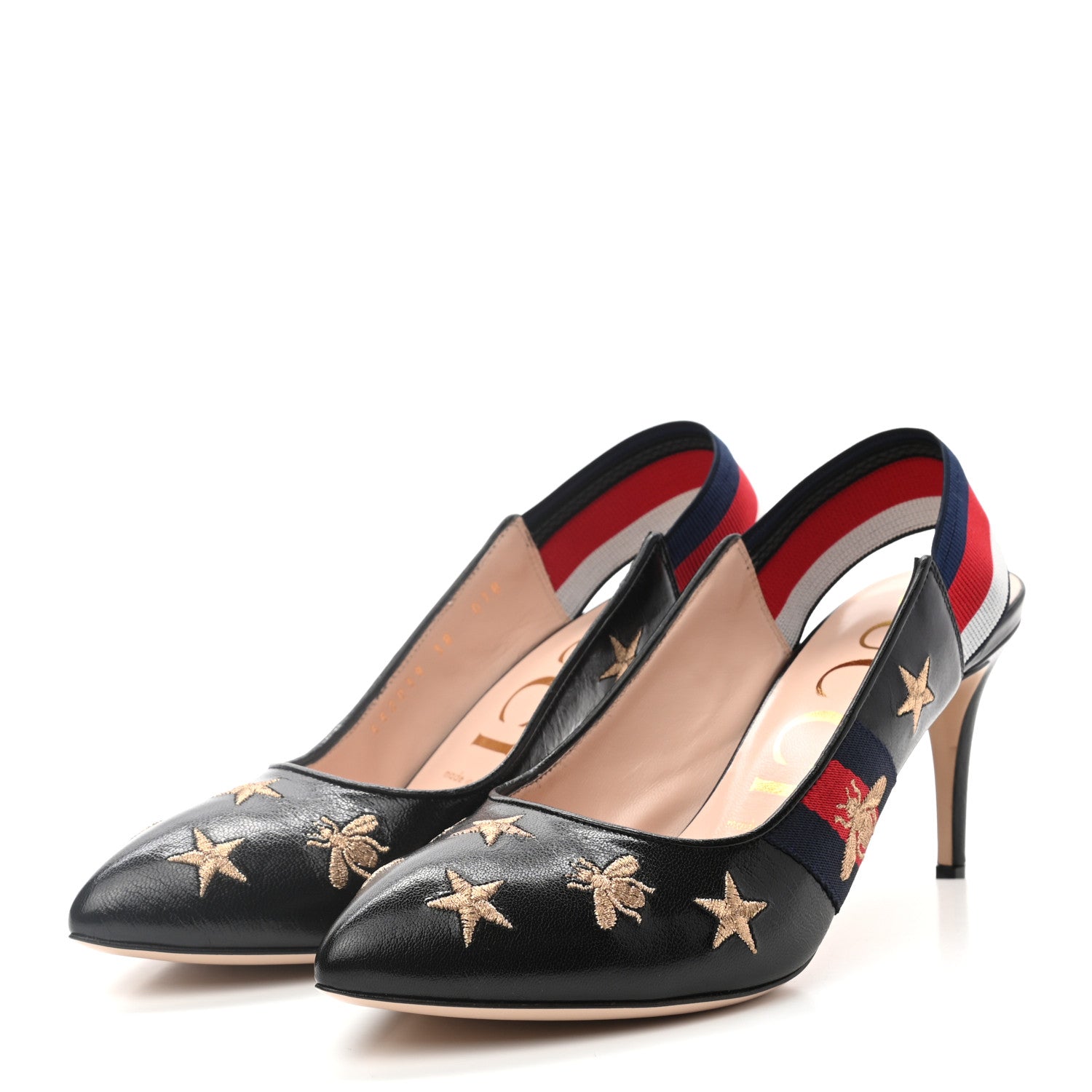 Gucci Malaga Kid Web Bee Star Embroidered Sylvie High Heel Slingback Pumps 38 Black 3 of 8