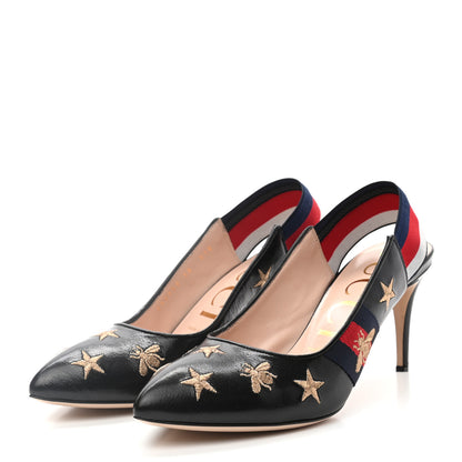Gucci Malaga Kid Web Bee Star Embroidered Sylvie High Heel Slingback Pumps 38 Black 3 of 8