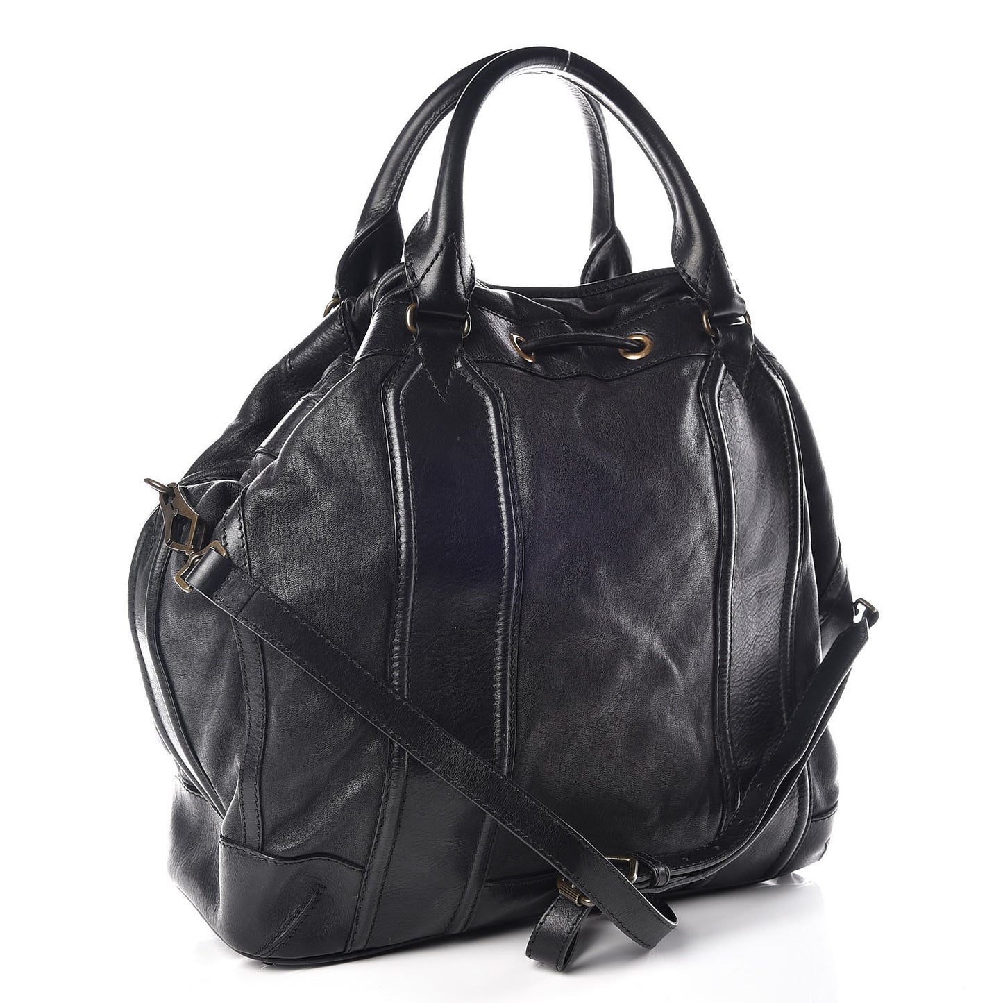 Grainy Calfskin Tassel Drawstring Shoulder Bag Black