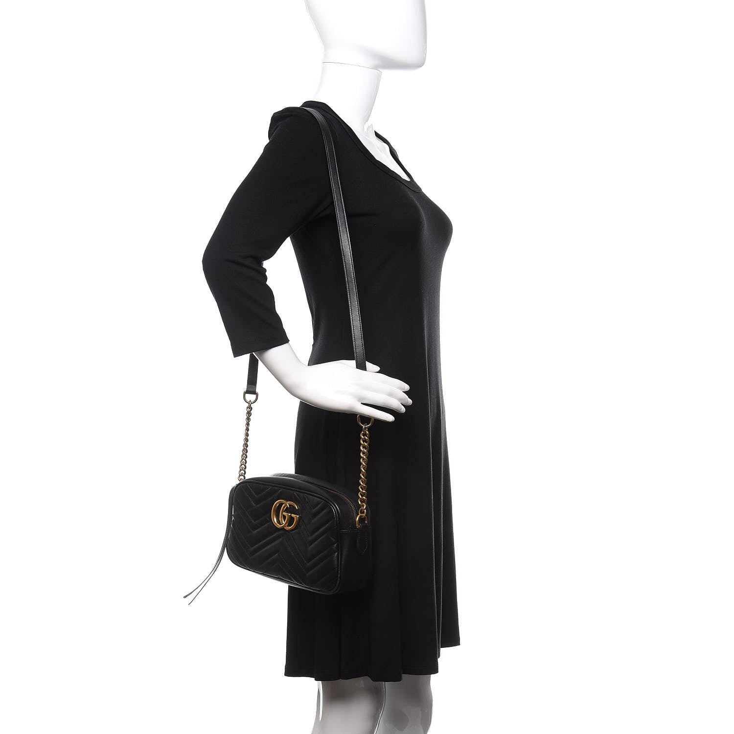 Gucci Calfskin Matelasse Small GG Marmont Chain Shoulder Bag Black 2 of 17