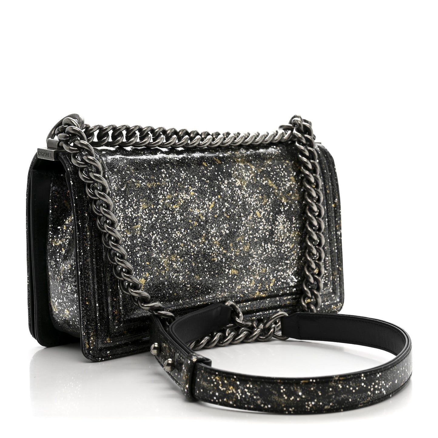 Glitter Glazed Calfskin Medium Boy Flap Black