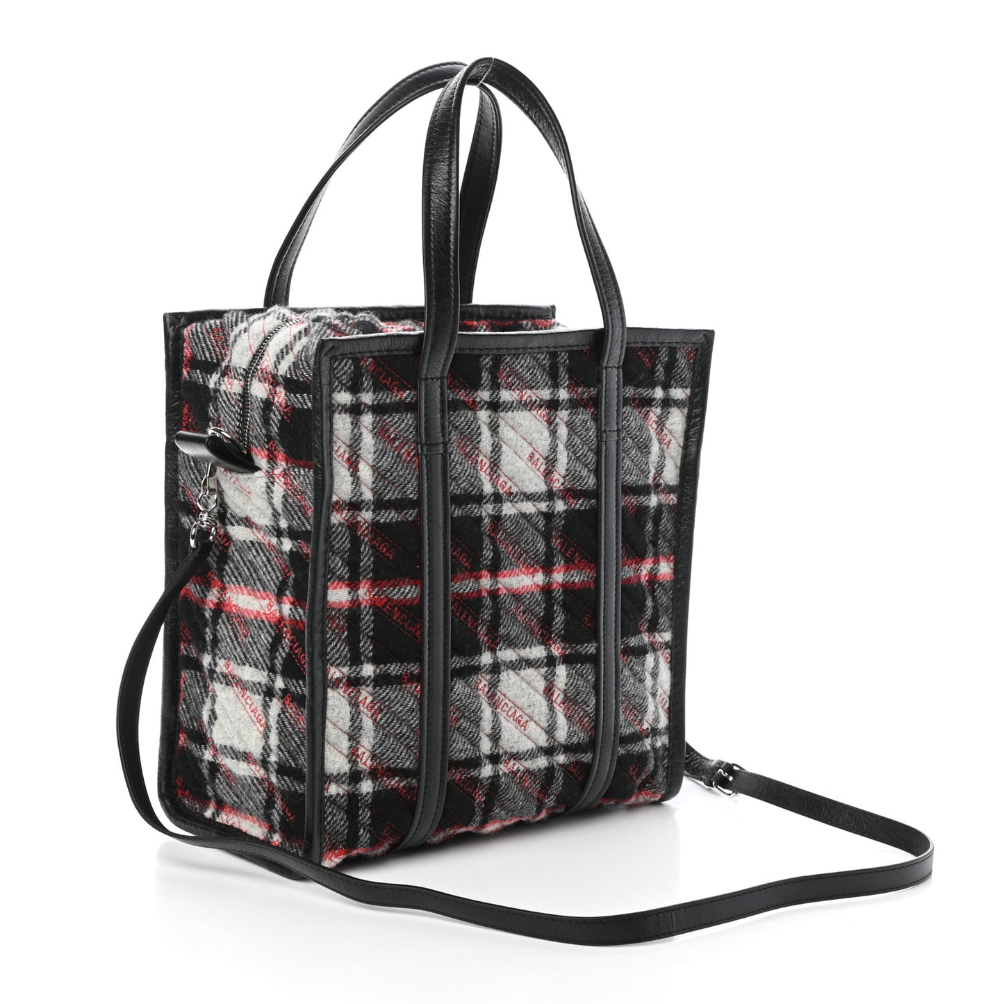 Wool Cuir Arena Plaid Diagonal Allover Logo Matelasse S Bazar Shopper Tote Black White Red
