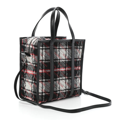 Balenciaga Wool Cuir Arena Plaid Diagonal Allover Logo Matelasse S Bazar Shopper Tote Black White Red 3 of 9