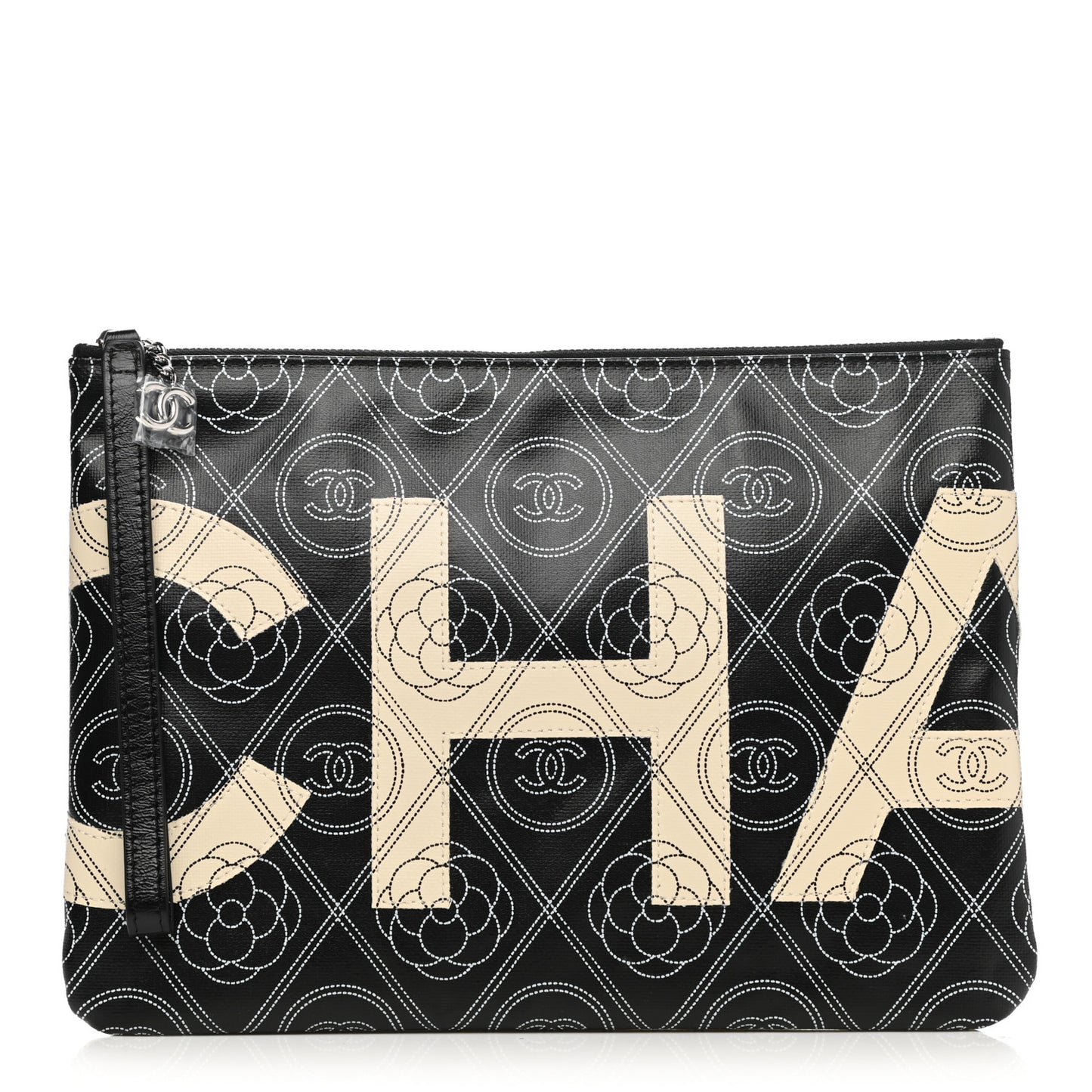 Coated Canvas Calfskin Camellia Printed Pouch Black Beige