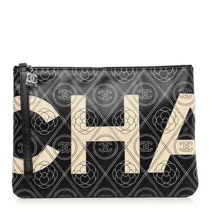Chanel Coated Canvas Calfskin Camellia Printed Pouch Black Beige 1 of 7