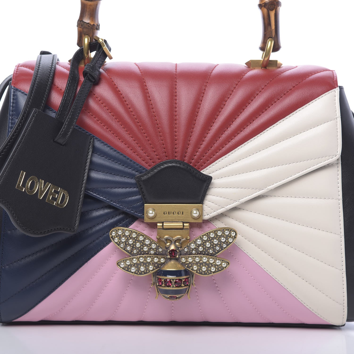 Gucci Calfskin Bamboo Trapuntata Queen Margaret Top Handle Bag Blue Agata Hibiscus Red Mystic White Sugar Pink 10 of 10