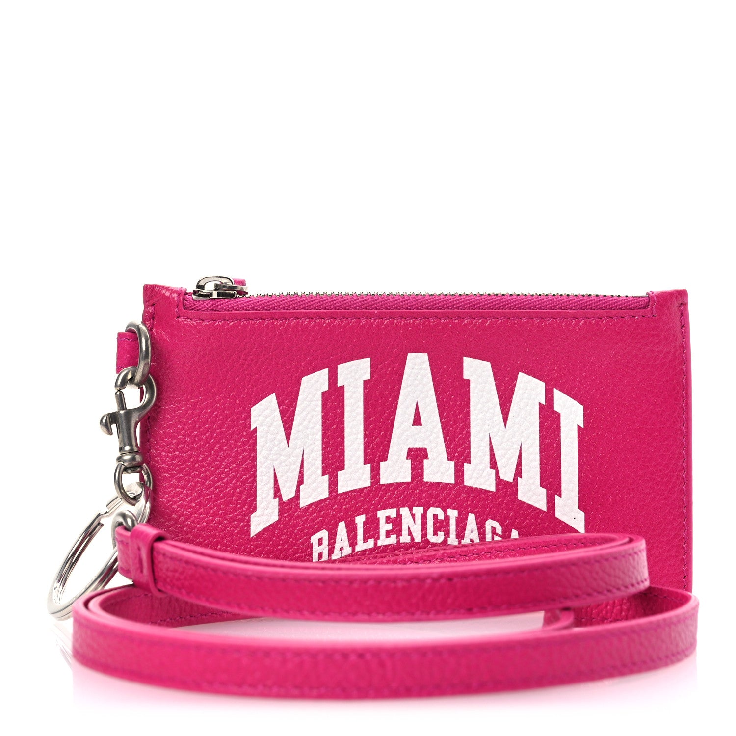 Balenciaga Grained Calfskin Miami Logo Cash Coin Card Holder On Keychain Fuchsia 1 of 8