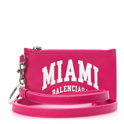 Balenciaga Grained Calfskin Miami Logo Cash Coin Card Holder On Keychain Fuchsia 1 of 8