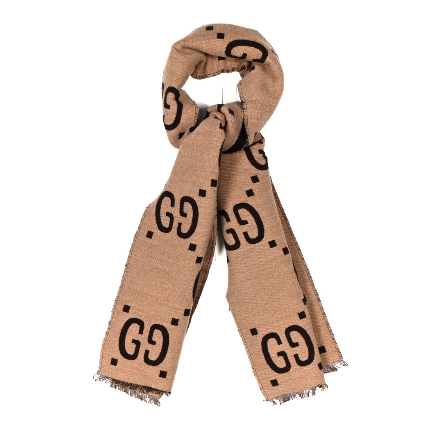 Gucci Wool Silk Monogram Jumbo GG Freedom Scarf Dark Brown Beige 1 of 4