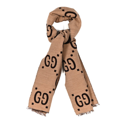 Gucci Wool Silk Monogram Jumbo GG Freedom Scarf Dark Brown Beige 1 of 4