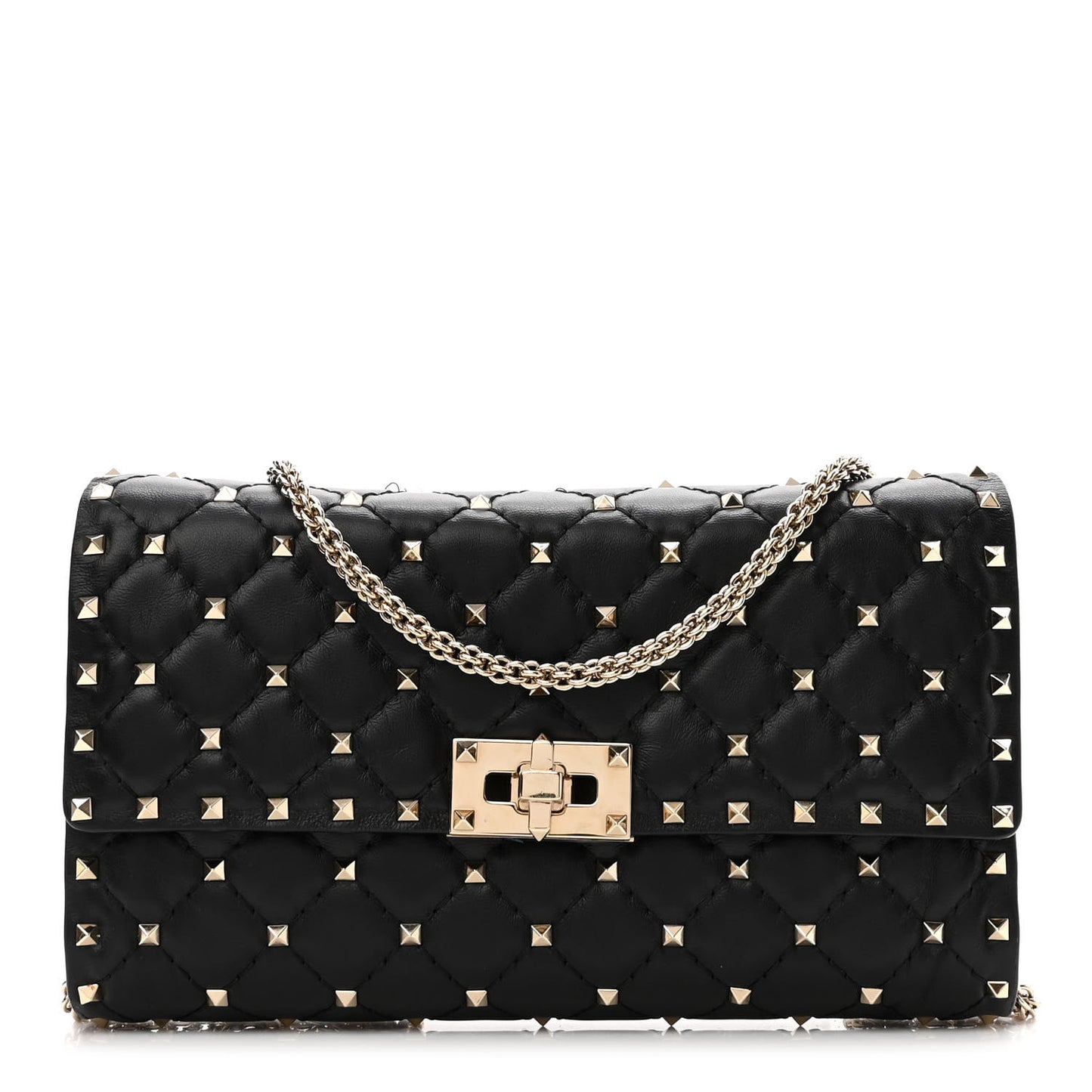 Lambskin Rockstud Spike Wallet on Chain Black