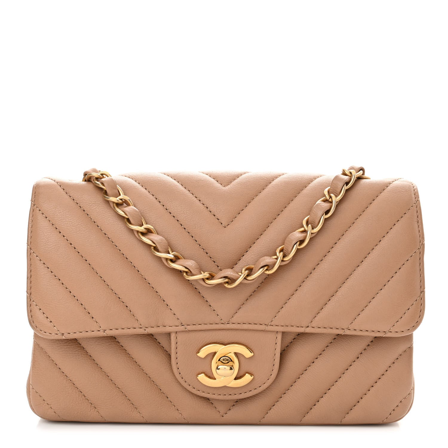 Chanel Calfskin Chevron Quilted Mini Rectangular Flap Dark Beige 1 of 13