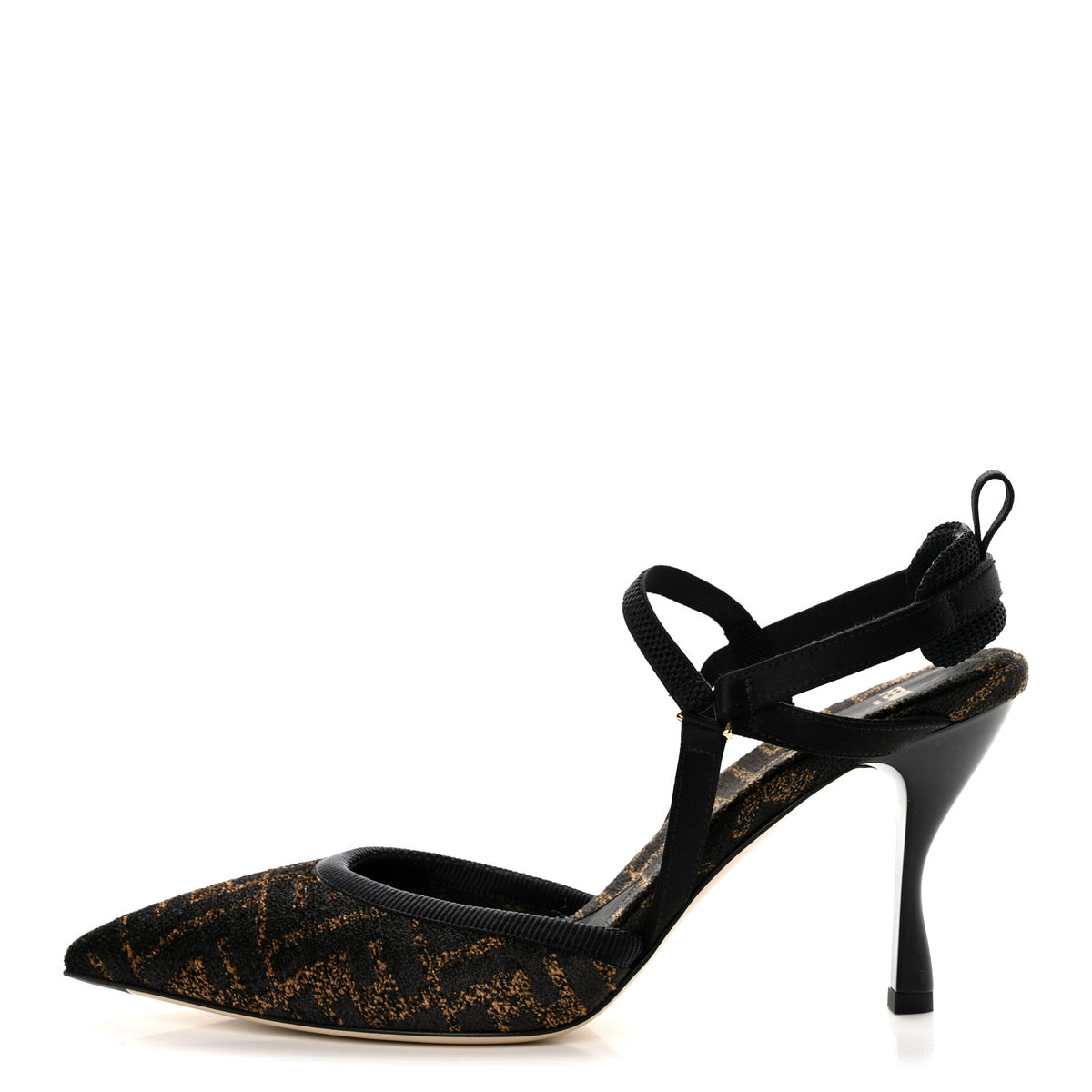 Fabric Jacquard FF Colibri Lite 85mm Slingback Pumps 39.5 Tobacco Black
