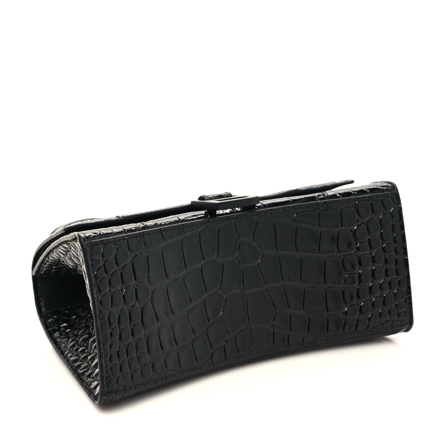 Shiny Calfskin Monochrome Crocodile Embossed Small Hourglass Top Handle Bag Black