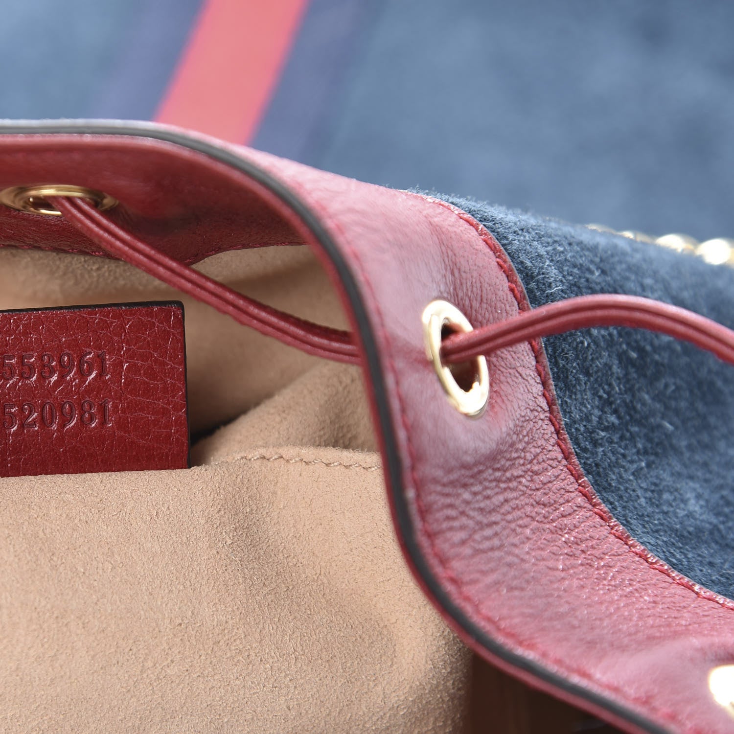 Gucci Suede Calfskin Web Medium Rajah Bucket Bag New Blue Romantic Cherry 7 of 11