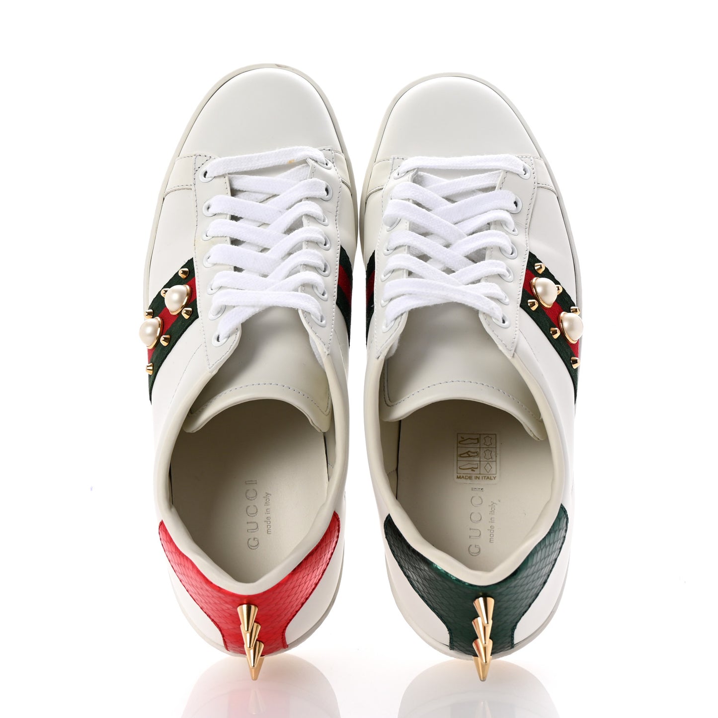 Calfskin Web Pearl Studded Womens Ace Sneakers 39.5 White