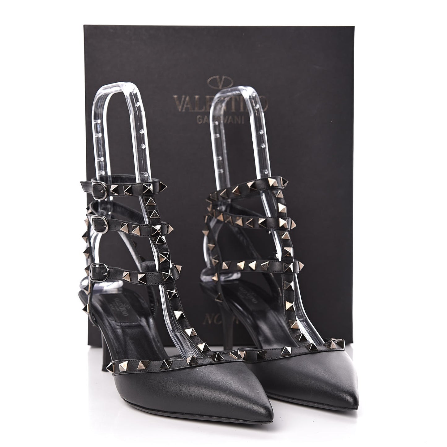 Calfskin Nappa Rockstud Ankle Strap 65mm Pumps 39.5 Black