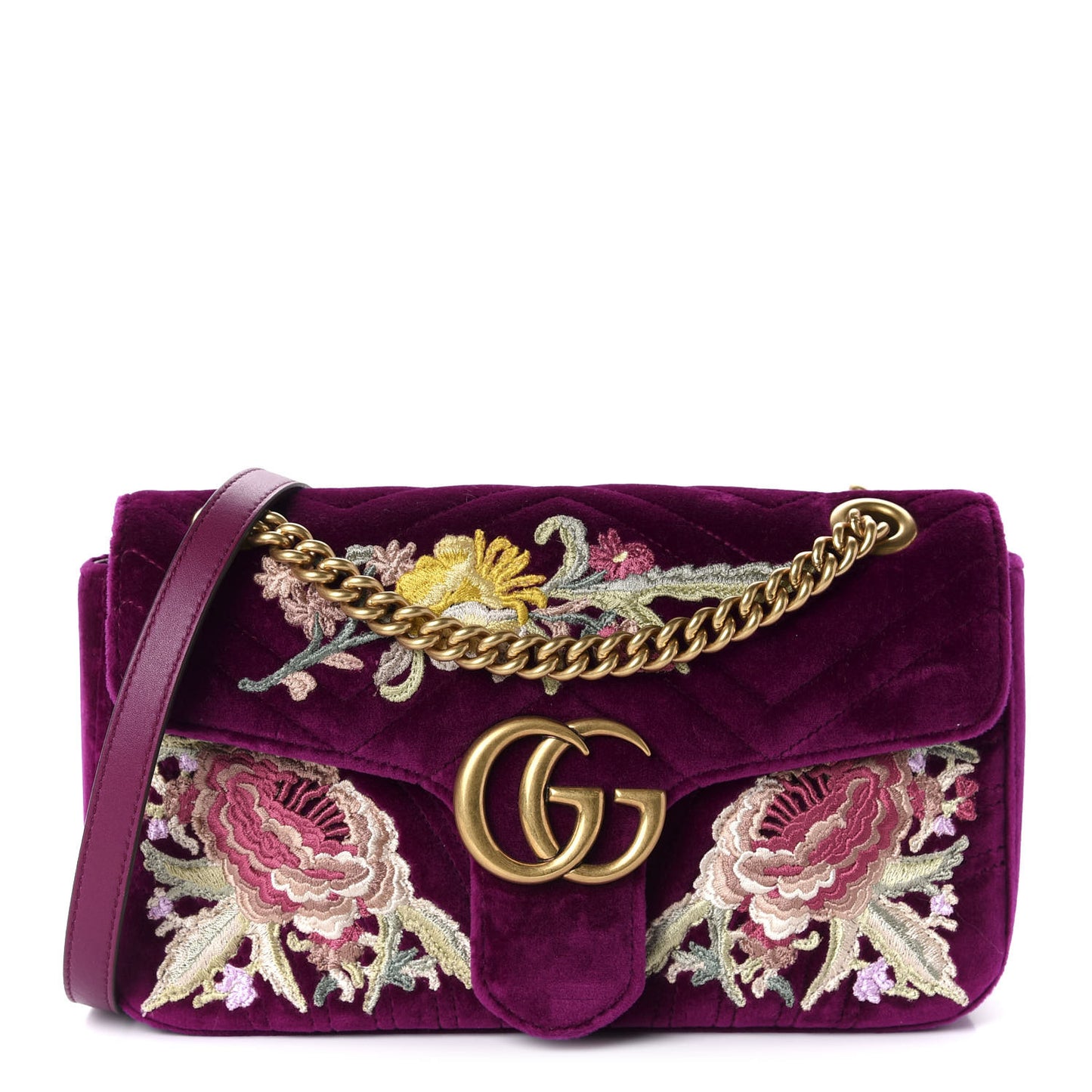 Velvet Matelasse Embroidered Small GG Marmont Shoulder Bag Fuchsia Violet Cyclamen