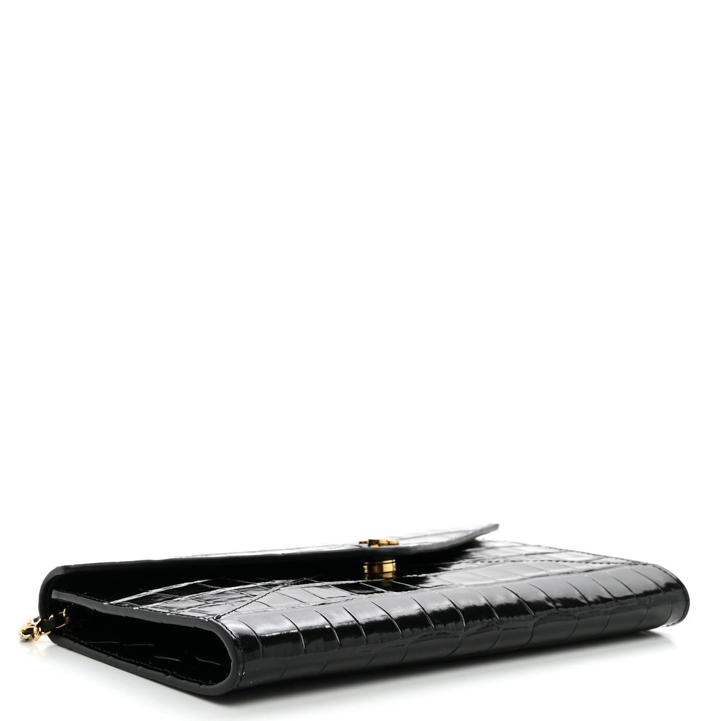 Calfskin Crocodile Embossed Envelope Clutch With Strap Black