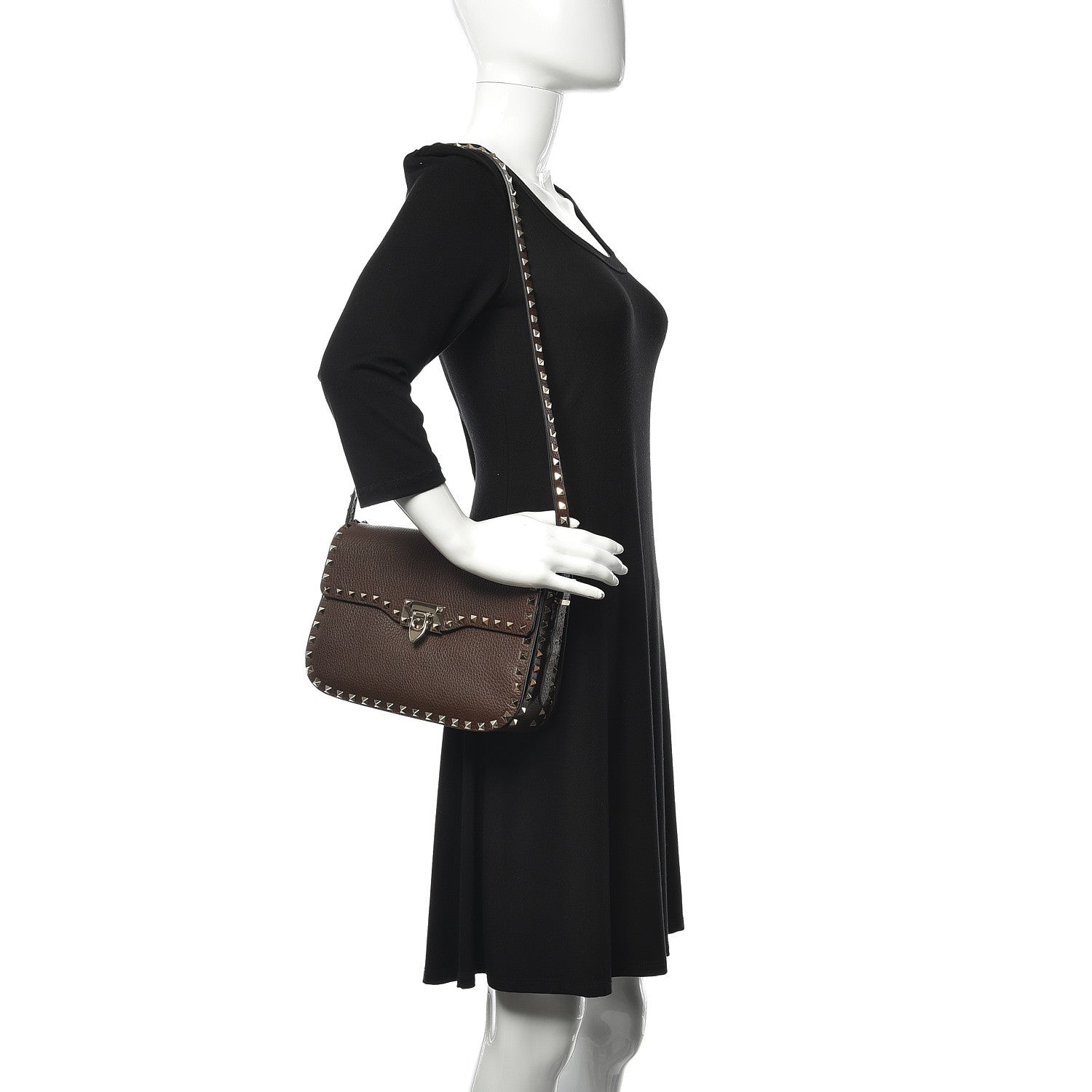 Valentino Garavani Pebbled Calfskin Medium Rockstud Flap Saddle Bag Cacao 2 of 10
