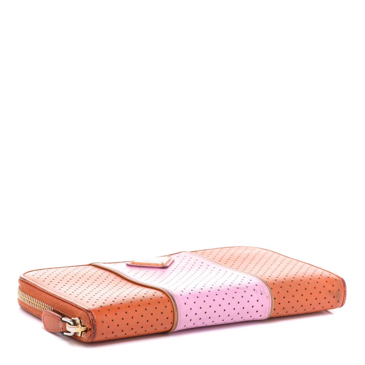 Saffiano Perforated Striped Zip Around Wallet Papaya Caramel
