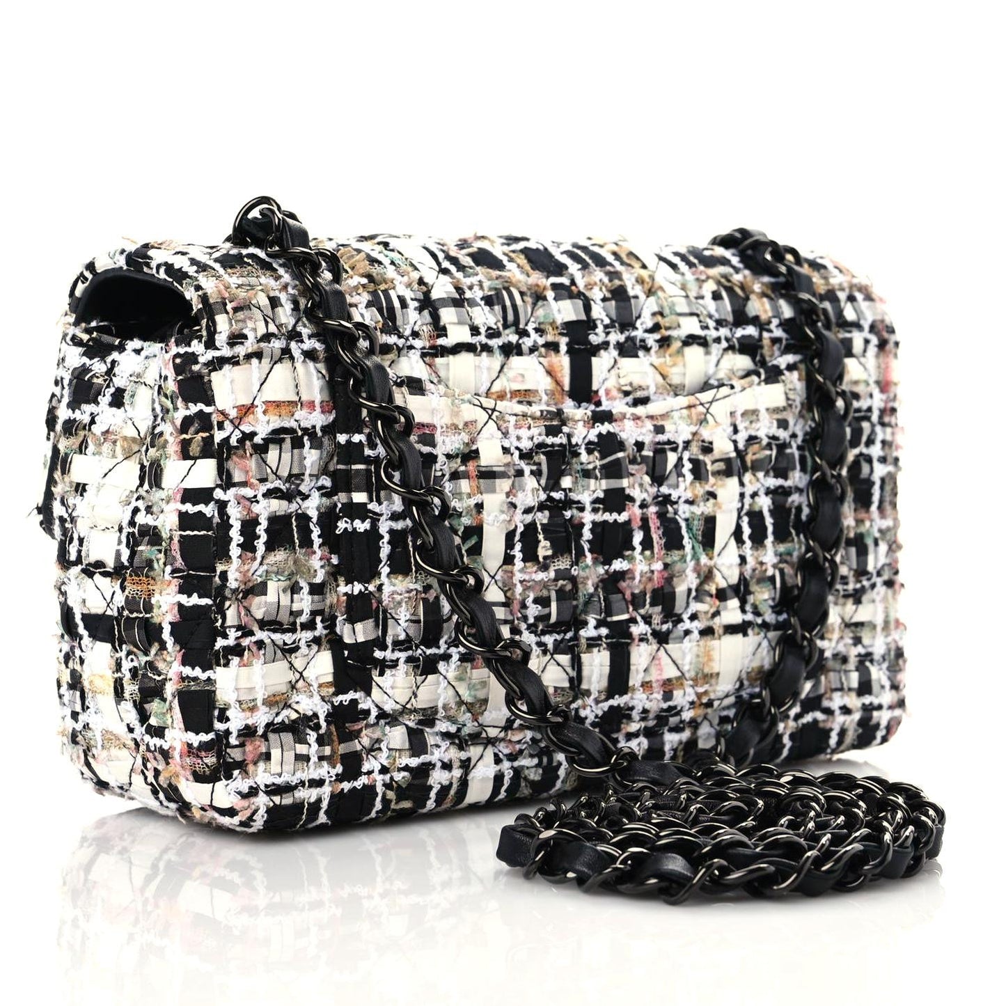 Tweed Quilted Mini Rectangular Flap White Black Multicolor