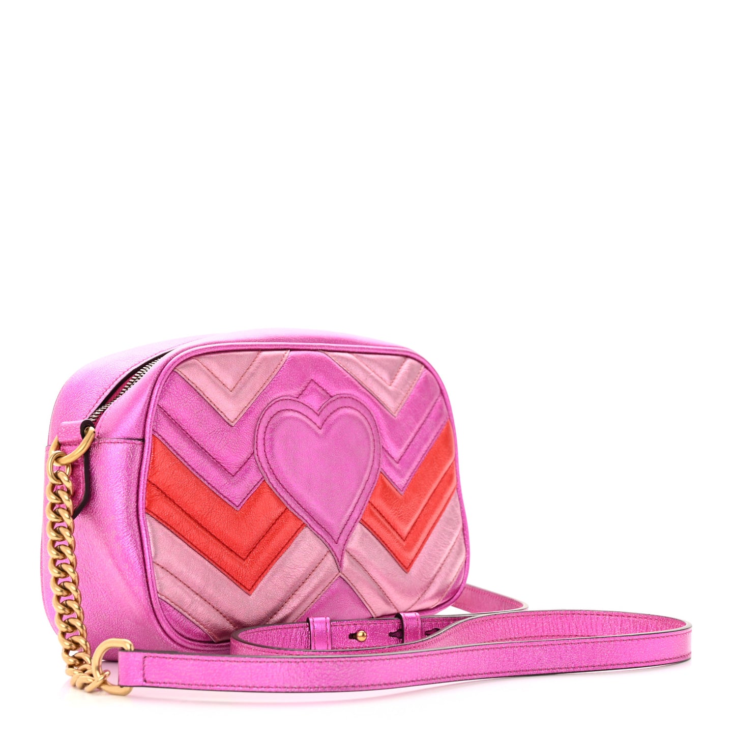 Laminated Nappa Matelasse Small GG Marmont Chain Shoulder Bag Fuxia Rosso Rosa