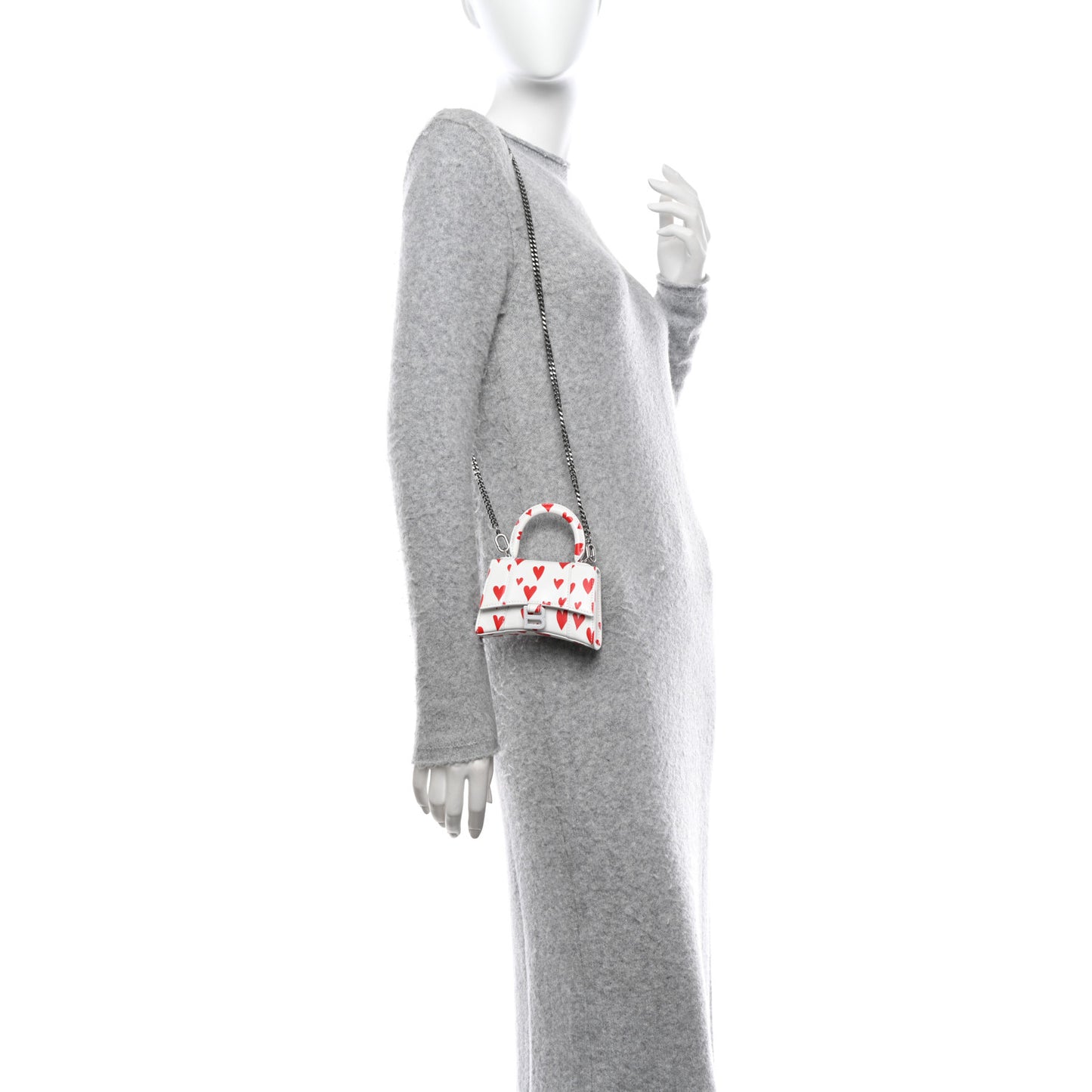 Smooth Calfskin Heart Hourglass Top Handle Bag Mini with Chain White Red