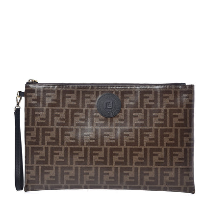 Fendi Glazed Fabric Vitello Century FF 1974 Stamp Patch Large Flat Pouch Mogano Panna Black 1 of 7
