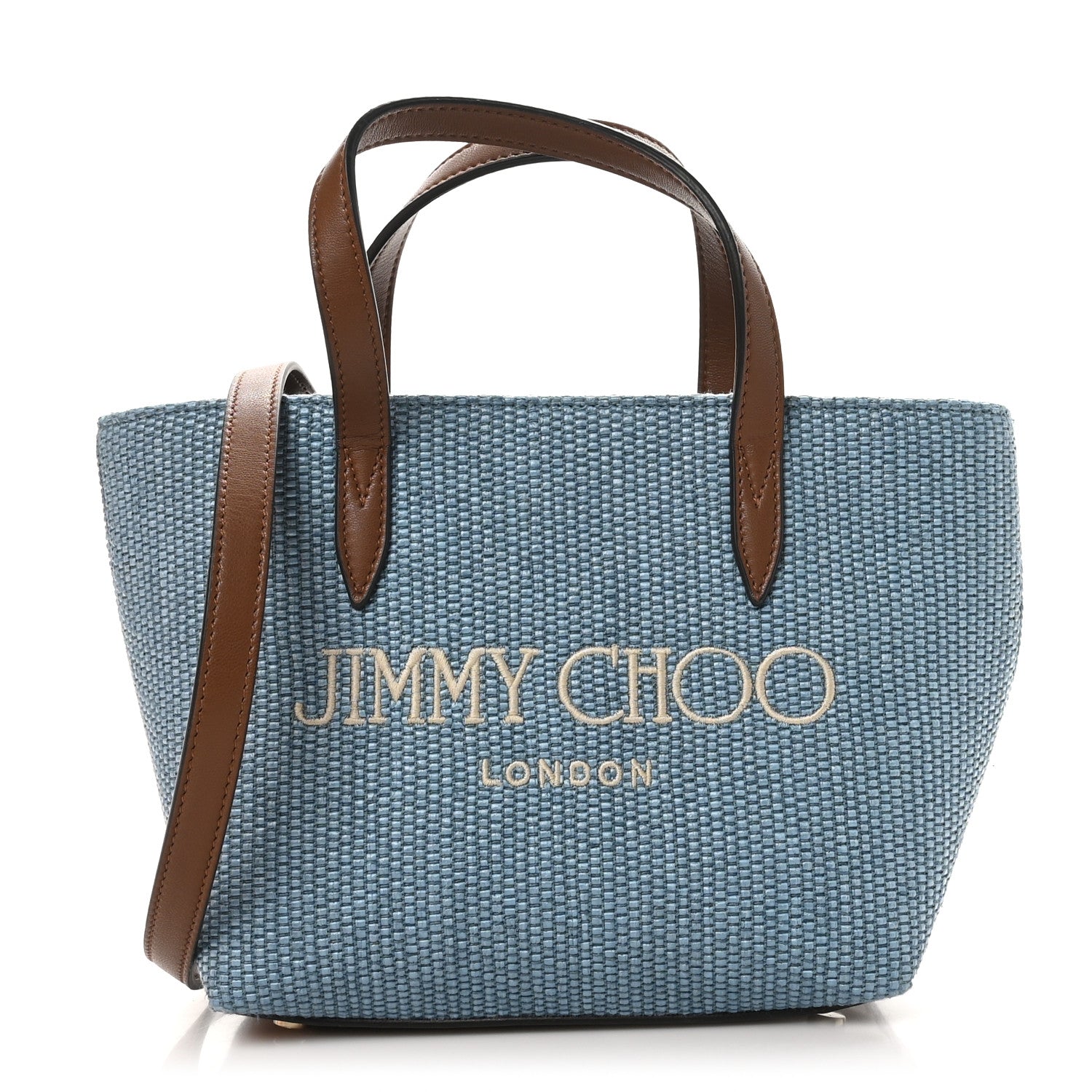 Jimmy Choo Raffia Canvas Logo Embroidered Mini Tote Smoky Blue Tan